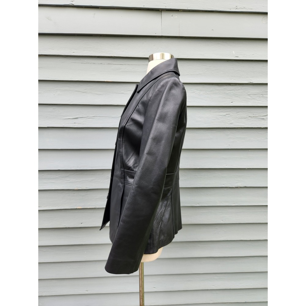 Vintage 90s y2k Leather Jacket Black Button Front Car Coat Burgundy Lining Small - Picture 3 of 7